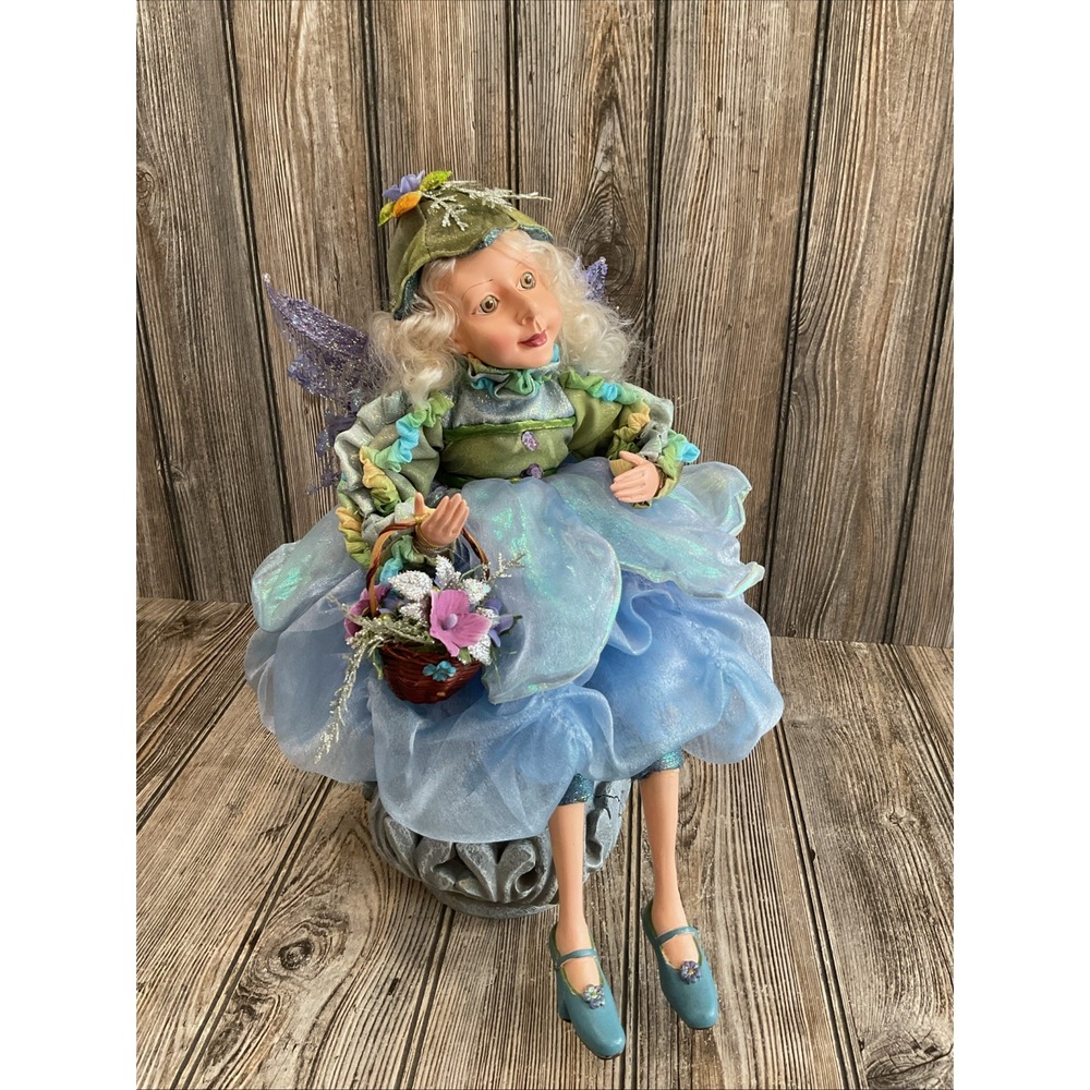 Pixie Elf Fairy Posable Figurine Shelf Sitter 16" Tall Blue & Green